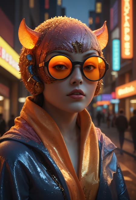 close-up portrait of a young woman standing on a busy street at night. She is wearing a blue jacket with a gold scarf around her neck and a pair of orange-colored sunglasses.