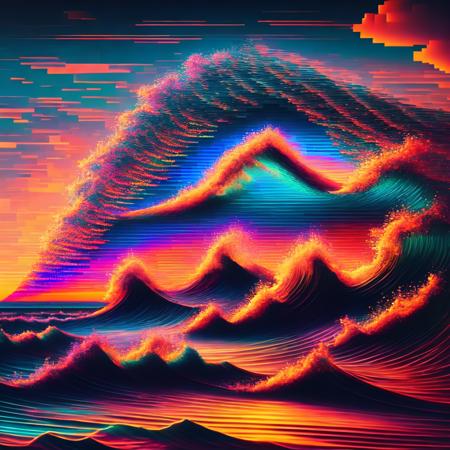 (glitchwave style:1) an image of a wave in the ocean at sunset <lora:djzGlitchWaveV21_LoraBooth:1>