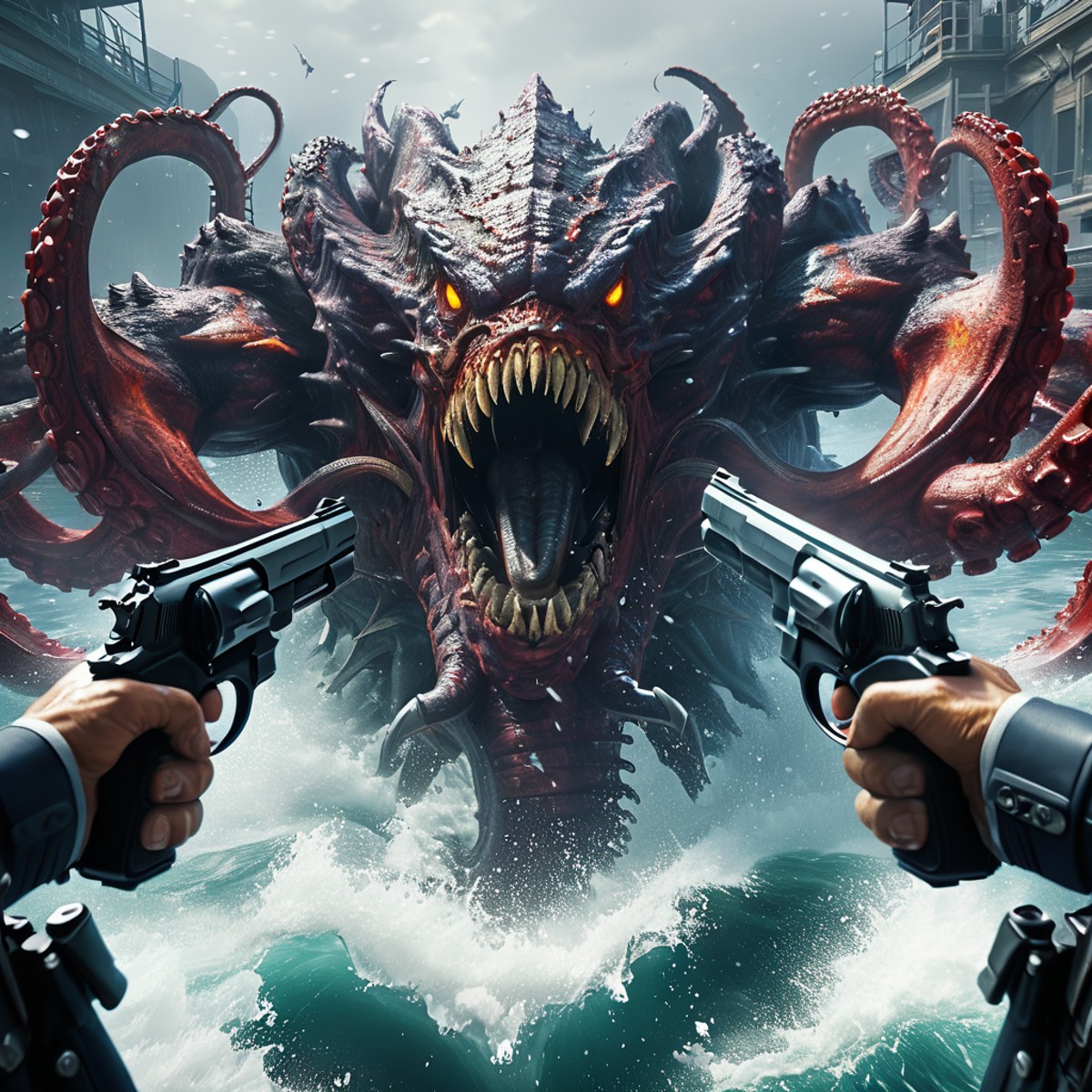 Cinematic shot of a police holding pistols in each hand, fighting a big kraken boss, water in background, dual pistol pov,...