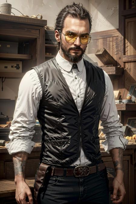 JosephFar, 1boy, solo, facial hair, male focus, beard, black hair, realistic, vest, belt, glasses, shirt, sunglasses, tattoo
<lora:epi_noiseoffset2:1>,    <lora:JosephFar:0.7>