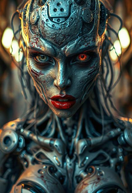 (highres, masterpiece:1.3), SHARP, CRU, HDR, 32K, ultra detailed, realistic, intricated, full body picture of a gorgeous biomechanical zombie realistic woman, red lips, highly detailed and textured, dutch angle, very realistic and impressive, fantastic dramatic color.