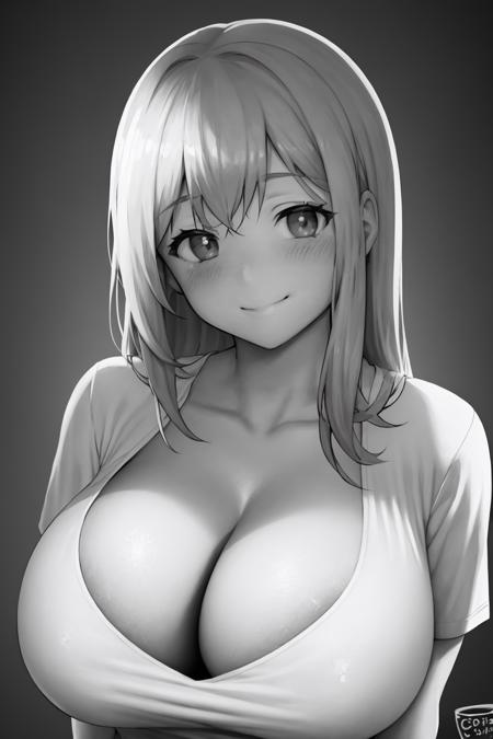 (masterpiece, best quality:1.2),  <lora:coffeeslice:.85>, coffeeslice, 1girl, breasts, greyscale, monochrome, solo, long hair, smile, cleavage, upper body, simple background, white background, shirt, huge breasts, looking at viewer, large breasts, blush, t-shirt, meme attire, collarbone, short sleeves, closed mouth,