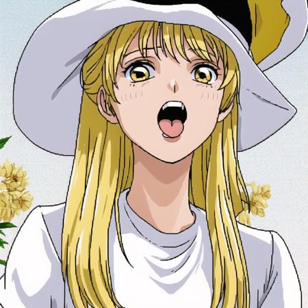 <lora:Furiava_Haakdith:1>,  1girl, antinomy of common flowers, black hat, blonde hair, close-up, gameplay mechanics, hat, muscle, muscular female, nose, open mouth, parody, shirt, short sleeves, shouting, simple background, solo, spell card, style parody, tongue, tsurime, upper teeth, white background, white shirt, witch hat, yellow eyes