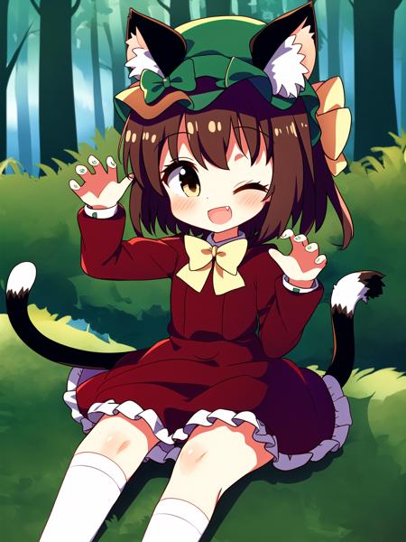 masterpiece,1girl, animal ears, solo, chen, one eye closed, brown hair, red dress,  tail, multiple tails, cat ears, hat, two tails, mob cap, cat tail, green headwear, bow, open mouth, bloomers, brown eyes, earrings, jewelry, smile, bowtie, underwear, fang, socks, short hair, long sleeves, dress, heart,  white bowtie, white bow, ;d,claw pose, animal ear fluff, white socks, nekomata, looking at viewer, sitting, single earring,extremely detailed forest