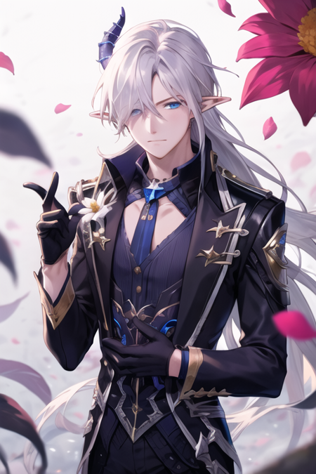 <lora:CielElsword-09:0.7>, ciel, solo, long hair, blue eyes, gloves, 1boy, holding, closed mouth, flower, white hair, grey hair, male focus, horns, pointy ears, hair over one eye, petals, holding flower