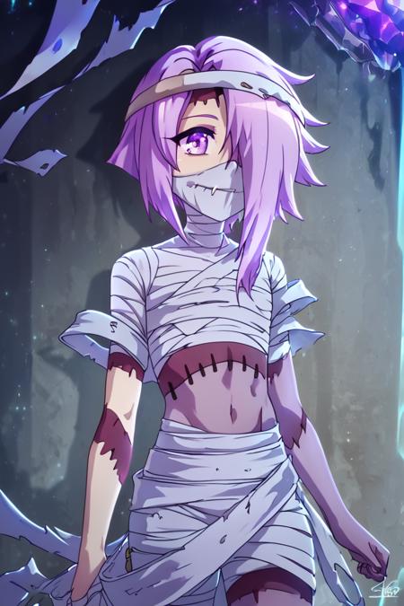 zzDaimon, purple hair, purple eyes, mummy, colored skin, bandages,  grey skin, 