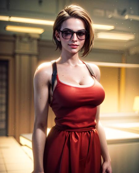 1girl, cowboy shot of jiva, smile, red dress, sunglasses, volumetric lighting,best quality, masterpiece, film grain, (lens distortion:0.7), (chromatic aberration:0.7), intricate, volumetric lighting, realistic, realistic lighting, cinematic, 8k, cinematic lighting, masterpiece, perfect, hyper-detailed, photorealistic, intricate details, stop motion, tonemapping, sharp focus, hyper detailed, trending on Artstation <lora:sxz-jiva-nsfw:0.7>