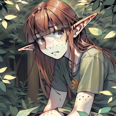 ASCIISolo, 1_girl, ((snout_nose)), ((3_fingers_1_thumb)),  ((hazel_eyes)), ((auburn_hair, long_hair, bangs, messy_hair, chipped_tooth, crouching, knees_against_chest, hiding_under_bush, leaf_shadows_across_face)), human, no_fur, non_anthro, broad_nose, long_nose, straight_line_from_nose_to_upper_lip, small_nostrils, scrawny_physique, scrawny_arms, scrawny_hands, scrawny_neck, scrawny_body, elf_ears, pointy_ears, fully_clothed, ragged_shirt, freckles, flat_chest, no_breasts, outside, closeup_view, no_people, no_horns, no_animals, no_animal_ears <OverallDetail> <antiSketchV1_1> highly_detailed, highly_detailed_girl, high_quality_image, best_quality, masterpiece_quality, 2D