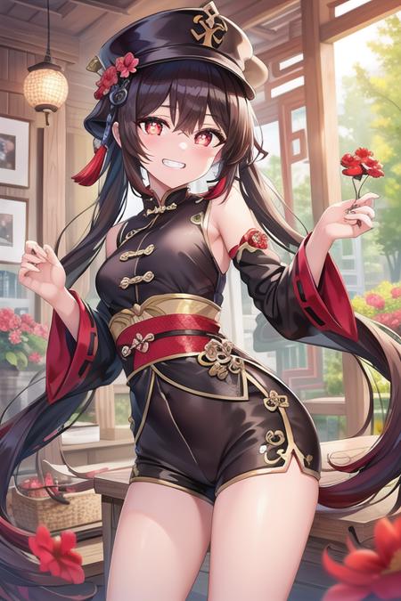 (HuTao/(GenshinImpact/)), red eyes, flower-shaped pupils, hat, long brown hair, bangs, twintails, chinese clothes, black shorts, wide sleeves, grin,