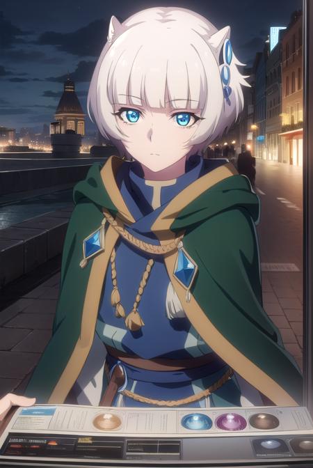 meteora osterreich, short hair, bangs, blue eyes, hair ornament, white hair, blunt bangs, cape, cloak,