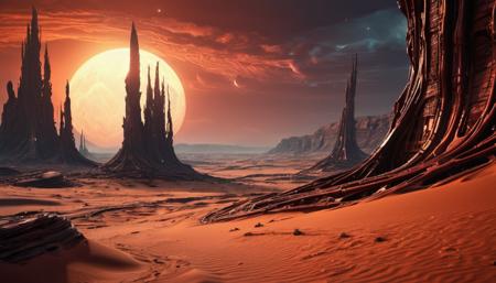 Broken alien structures of dark sandstone, half-buried in shifting dunes, with glowing cracks and weathered carvings under a crimson sunset on an alien desert planet, sci-fi art style, DonMM4ch1n3W0rldXL