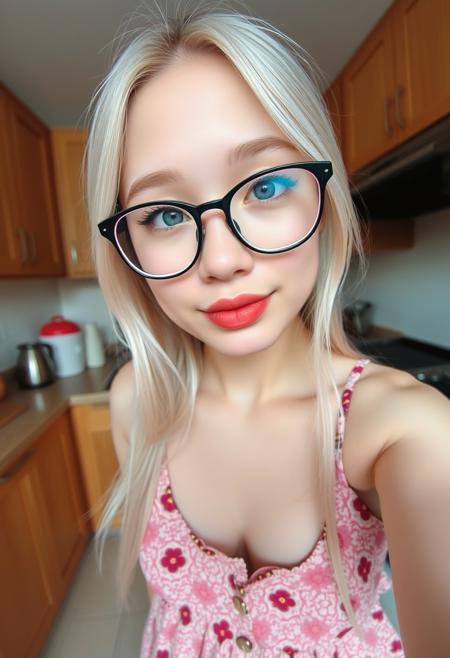 Selfie of Blackpink's Rose in summer dress, action pose, pale skin ,slightly smiling, natural thin small lips, point of view from a disposable camera doing a low shot looking up at her, she is at the kitchen, blue eyes, nerd glasses, very feminine face, white long hairs. She has real skin with skin pores and healthy skin detailed texture