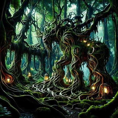 a colossal forest golem made of intertwined roots and bark, glowing moss on its arms, eyes like ancient lanterns, dense jungle background, fantasy RPG creature design, dramatic perspective, ultra detailed, mystical vibe, morph-treeroots
<lora:TreeRoots_SDXL:1.0>