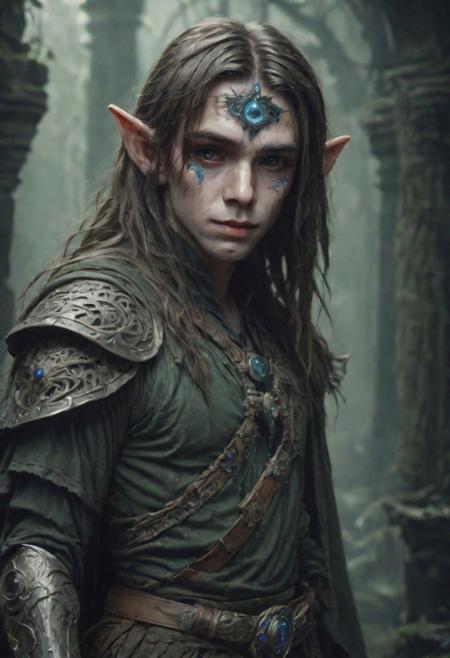 photography in the style of Labirynth, the dark crystal  movies, green, close up of (nature) and (fantasy) creature with a (diminute) sword stained with (detailed:1.5), in a beautiful and ruined ,fantasy,hyper detailed, real skin imperfections, hard lighting, bokeh, ((curi:1.2))(inspire forms in most beautiful New race:1.4) (beautiful:1.4) (ambient fantasy:1.5)(warhammer world:1.0)(It has a bright sign behind which its text says"Fantasy":1.2)Perfil