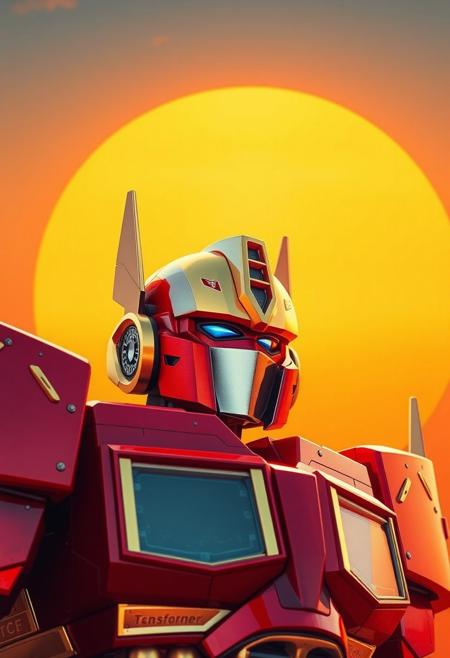 Red and gold transformer jet robot, cowboy shot photograph, with an orange and blue synthwave sun background. Slightly turned. Decepticon.