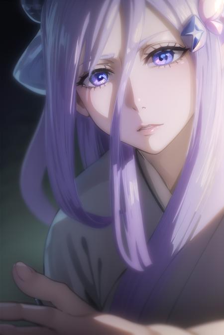 sode no shirayuki, long hair, blue eyes, hair ornament, purple hair, flower, hair flower, light purple hair, japanese clothes, kimono, sash, obi,