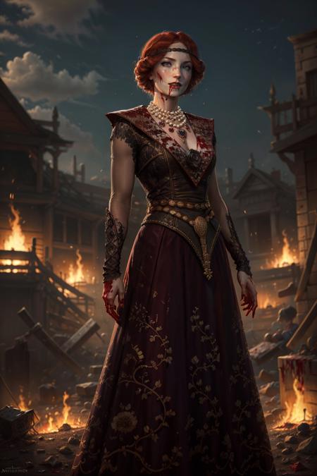 (masterpiece, best quality:1.2), <lora:orianna-18:0.7>, oriannaW3_soul3142, 1girl, short hair, red hair, long sleeves, dress, pearl necklace, hair bun, blood, fire, headband, blood on face, blood on clothes, blood on hands, full body, day, sky clouds