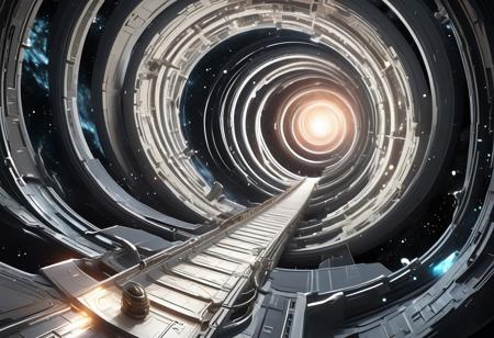 an amazing spiral galaxy view from the deck of a fantasy elven architecture spaceship made of thousands of thin towers, futuristic elven technology , plunging into the deep abyssal interdimensional portal  opened by a black hole in the deer nebulae, towering structures, elongated spires, amazing perspective of railways, stairs and deck, batteries, elongated hull, oversized neutron reactors, folowing a beam of pearl light straight into the void to another dimension, starfield, marble planets, spiraling galaxy, amazing oblique perspective