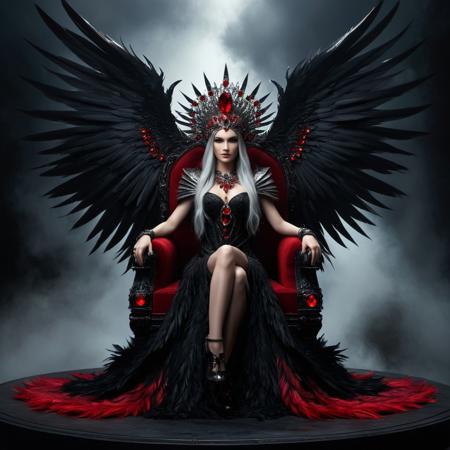 A dark fantasy digital artwork depicts a female figure seated on a 
dark throne with intricate metallic designs resembling dragon scales. The central character has long 
gray hair cascading dramatically around her. She wears an elaborate dress adorned with shiny red crystals and intricate metallic designs, 
dark feathered wings spread symmetrically behind her, 
decorated with bright red crystals and metallic elements. Each wing is composed of countless black feathers. 
The woman's head is crowned with a radiant halo of intense red crystals, 
forming a striking headdress that extends upwards. Her body is adorned with matching jewelry, 
including a prominent red crystal anklet on her left foot. The throne itself features two large skulls positioned on its armrests,
each held by one of the character's hands. The background is swirling clouds and embers, 
enhancing the eerie atmosphere. Around the throne are many scattered human skulls, drowned in darkness, 
rocky terrain, 
adding to the sinister ambiance. The scene takes place in a foggy context, 
smoky backdrop, 
contributing to the mystical yet eerie feeling. Dramatic lighting highlights the central figure while casting deep shadows. highly saturated visual effect that emphasizes the surreal and gothic aesthetic.