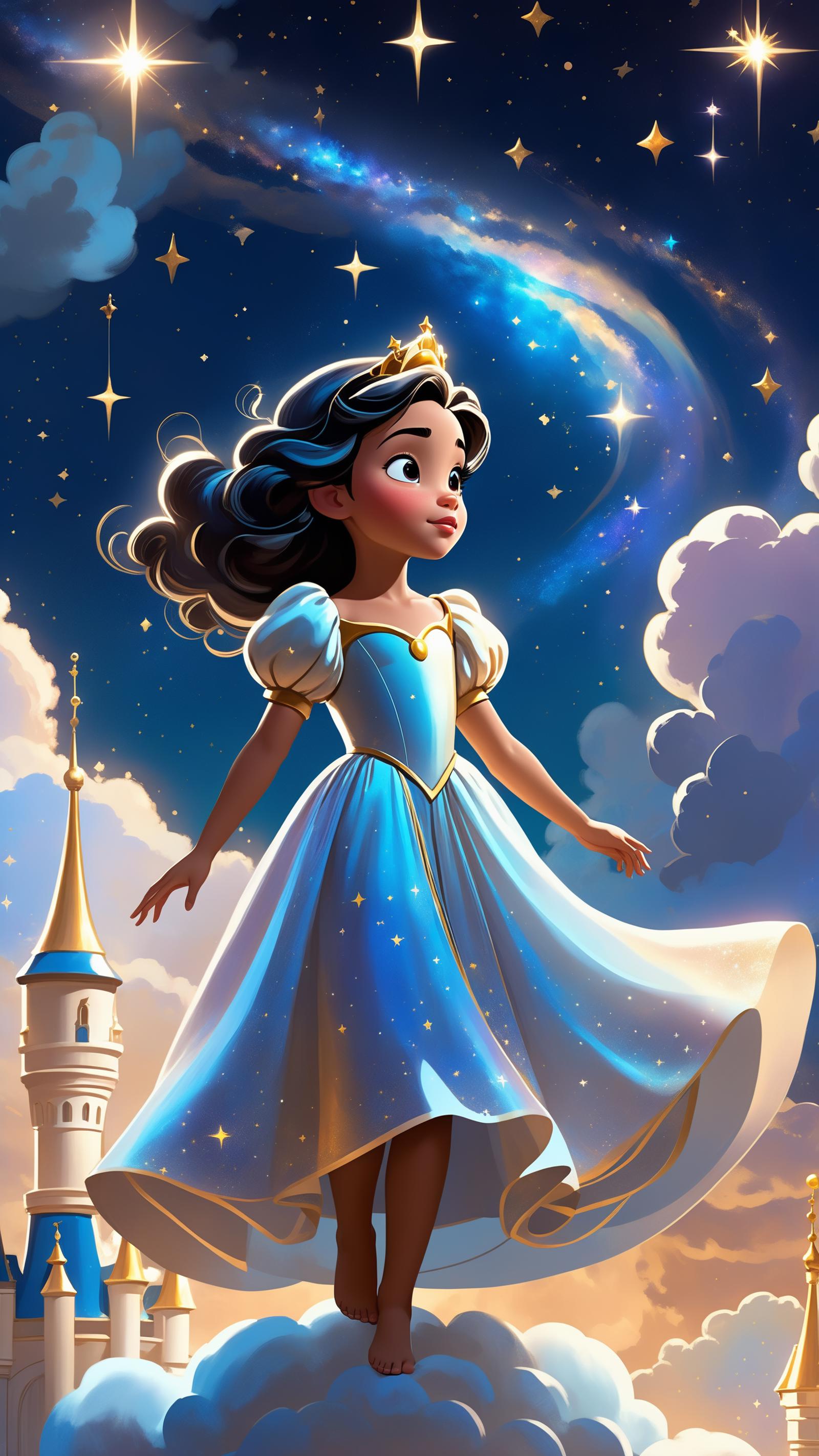 A Disney princess flying through the sky at night.
