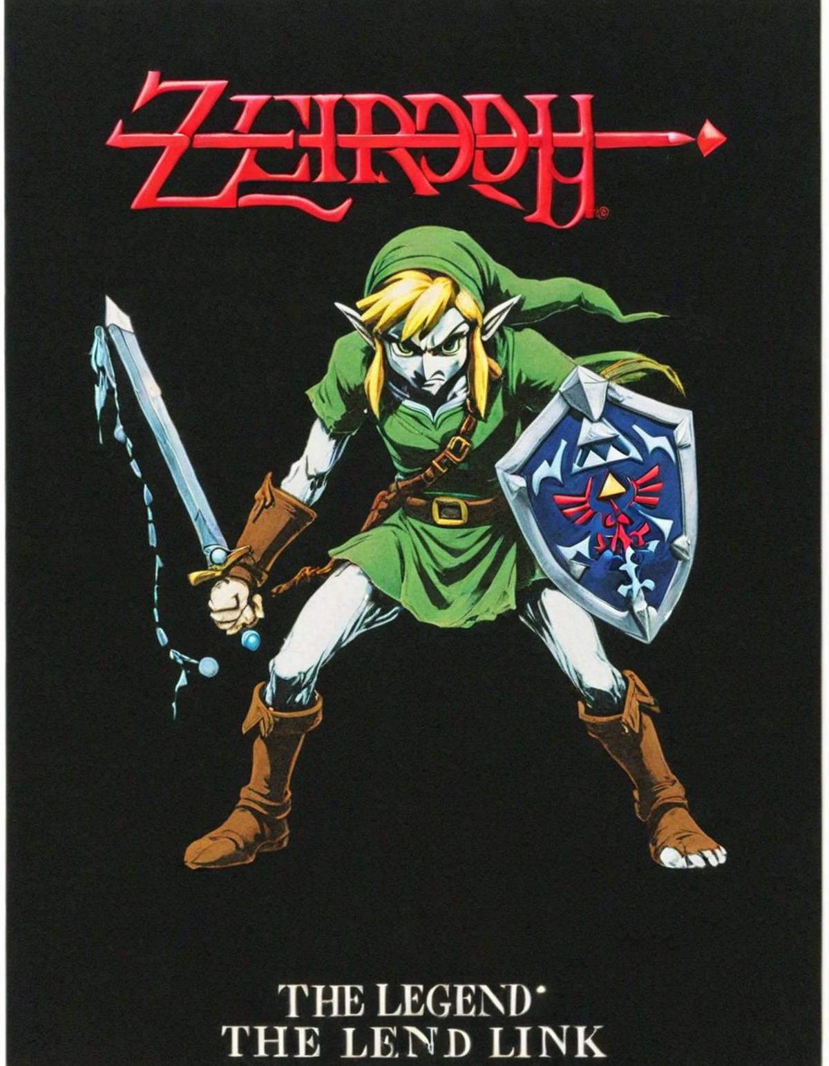 A Legend of Zelda t-shirt with a cartoon picture of Link holding a sword.