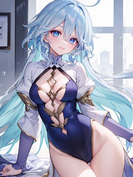 focalors \(genshin impact\), blue eyes, eyes visible through hair, multicolored hair, blue hair, white hair, hair between eyes, blue nails, gradient dress, clothing cutout, juliet sleeves, long sleeves, anklet, barefoot