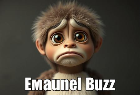 A cute Emanuel kant with big sad begging eyes, big text below that says "Emanuel Buzz"