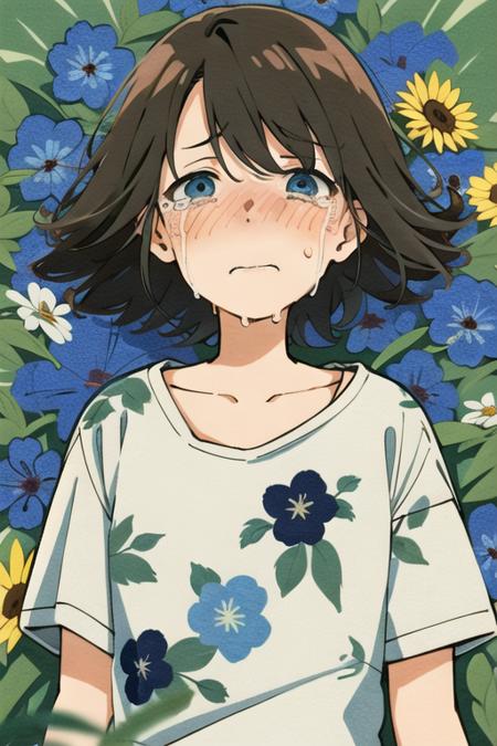 1girl, solo, short hair, tears, blush, looking at viewer, upper body, shirt, black hair, white shirt, lying, crying with eyes open, crying, brown hair, bangs, closed mouth, blue flower