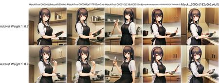 Miyuki, red eyes, black hair, hairband, kitchen, apron, cooking