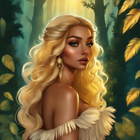 A high-definition image capturing a artgerm style  <lora:artgerm_style-000005:1> woman in a gown woven from golden light and leaves, her hair a waterfall of radiant sunbeams, standing in the heart of an enchanted forest. Her pose is one of serene command as animals of lore gather at her feet, each fur and feather captured with unparalleled detail (hyperdetailed:1.25). The setting sun filters through the forest canopy, creating a mosaic of shadows and highlights that dance across her figure, adding a dynamic and ethereal quality to the scene (ultra-high-resolution textures)