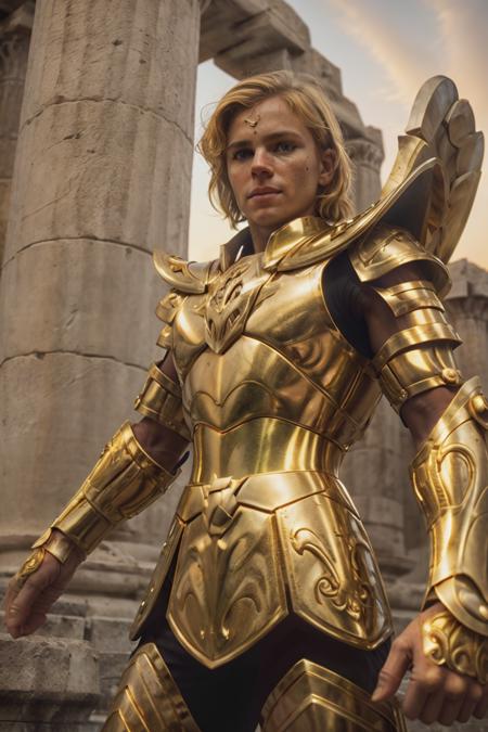 best quality close up portrait of an heroic man, in medieval armor with short blonde hair, near a ancient greek temple at sunset. (full body armor), (detailed armor, golden armor, high quality), (wings armor) (ornate armor), (gauntlet), (hdr), (noble), inspiring, film grain, cinematic lighting, (hight detailed skin), <lora:SagittariusArmor:0.6>  <lora:polyhedron_skinny_all:0.5>