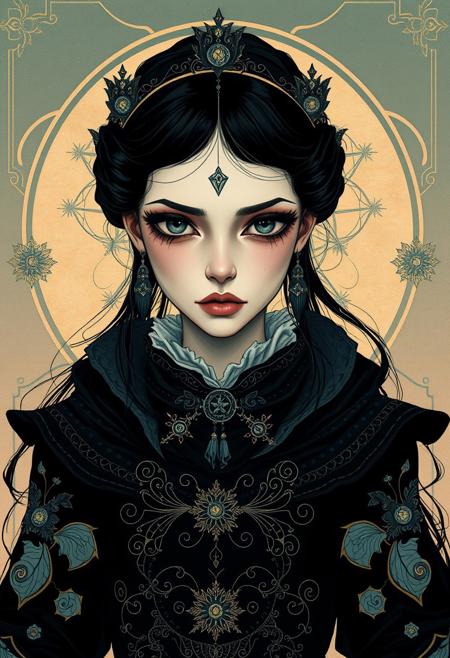 A gothic-fantasy heroine, her boldly designed outfit and eyes painted in  precise style, yet her face carries a deep, contemplative sadness reminiscent of expressionist figures. surreal flowing line art, dreamlike fairytale composition, soft pastel Art Nouveau tones, elegant ornamental patterns, minimalist yet decorative, poetic symbolism, celestial and mythical themes, intricate yet airy