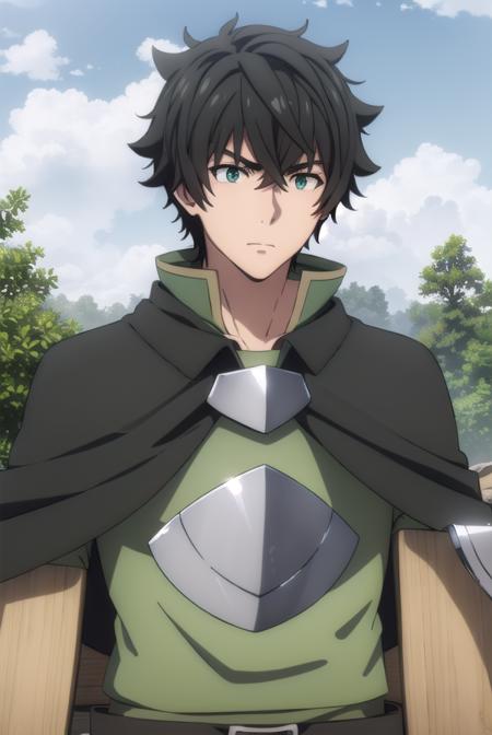 naofumiiwatani, <lora:naofumi iwatani s3-lora-nochekaiser:1>,
naofumi iwatani, (black hair:1.5), male focus, (green eyes:1.3), short hair, crossed bangs,
BREAK gloves, belt, pants, fingerless gloves, cape, armor, shield, breastplate,
BREAK outdoors, forest, nature, sun, sky, trees, clouds, grass,
BREAK looking at viewer, (cowboy shot:1.5),
BREAK <lyco:GoodHands-beta2:1>, (masterpiece:1.2), best quality, high resolution, unity 8k wallpaper, (illustration:0.8), (beautiful detailed eyes:1.6), extremely detailed face, perfect lighting, extremely detailed CG, (perfect hands, perfect anatomy),