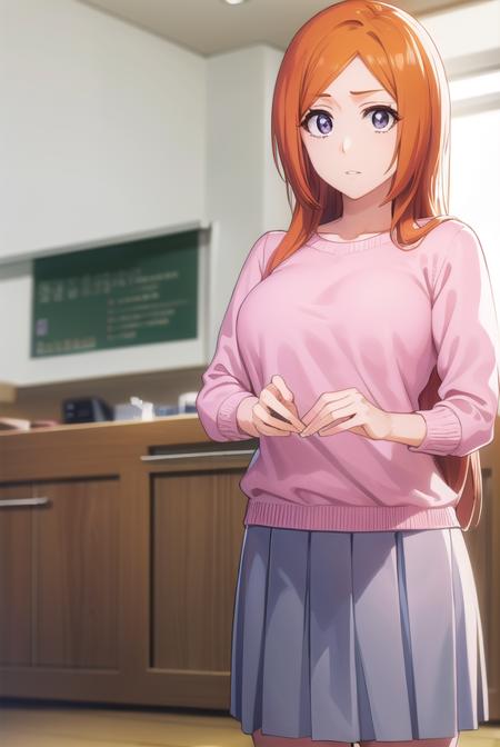 inoueorihime, <lora:originalinoueorihime-lora-nochekaiser:1>,
inoue orihime, long hair, orange hair, (grey eyes:1.5),
BREAK sweater, (pink sweater:1.5), long sleeves, puffy sleeves, skirt, blue skirt, long skirt,
BREAK looking at viewer, full body,
BREAK indoors, classroom,
BREAK <lyco:GoodHands-beta2:1>, (masterpiece:1.2), best quality, high resolution, unity 8k wallpaper, (illustration:0.8), (beautiful detailed eyes:1.6), extremely detailed face, perfect lighting, extremely detailed CG, (perfect hands, perfect anatomy),