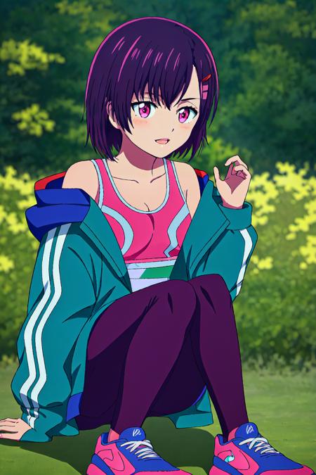 shizuka, short hair, red hairpin, dark purple hair, purple eyes, pink sport bra, pink sport short, dark purple thighthigh, blue pink shoes, colorful jacket, outdoor
high quality, best quality, ultra detailed, masterpiece, 1girl, young woman, <lora:EMS-51745-EMS:0.800000>