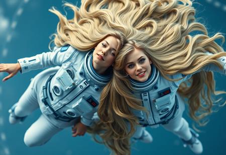 Two women with long blonde hair floating in the air, wearing white and blue space suits, entwined together by their voluminous golden wavy hair that intertwines between them. High angle shot from above. Photorealistic, high detail, sharp focus, depth of field. Cinematic lighting.