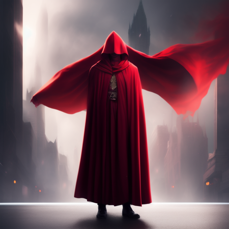 photo, a person wearing a red cloak standing in front of a city (RedCloak style:1) <lora:djzRedCloakV21:1>