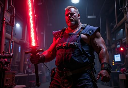 cyberpunk, extremel detailed raw nighttime night photograph, character in dark shadows neonlit rimlight,  arthouse romance film scene, cinematic atmosphere dark gloomy atmosphere, hyperrealistic digital rennaissance oil painting, by gengoroh tagame and jiraiya and goh fujimoto, dark room at night, german bavarian fat manly hairy musclechub grandpa strongman, huge muscular steroid arms, tanned sweaty oiled skin, big hairy belly, very hairy body, detailed bodyhair, blonde brown short hair, in evil scifi hypermodern science lab full of advanced machinery, he is holding a large  glowing  red zweihander claymore sword that emits strong magic energy, dark purple and orange neonlights, he exudes a powerful dark aura, he is wearing a dark blue fullbody overall with suspenders and a toolbelt with many leather pockets, brown leather bracers, scottish kilt, heavy metal rock musci vibes, aggressive attack pose, ready for battle, electric lightning emitting from body and sword