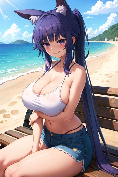 masterpiece, best quality, 1girl, solo, sitting, on bench, outdoors, beach, white tank top, blue shorts, violet hair, grey eyes, (smile), blush, pony tail, (long hair:1.2), (absurdly long hair:1.2), blunt bangs, huge breasts, fox ears, fox girl   <lora:B-pang-Style-v1.1_275636:1>