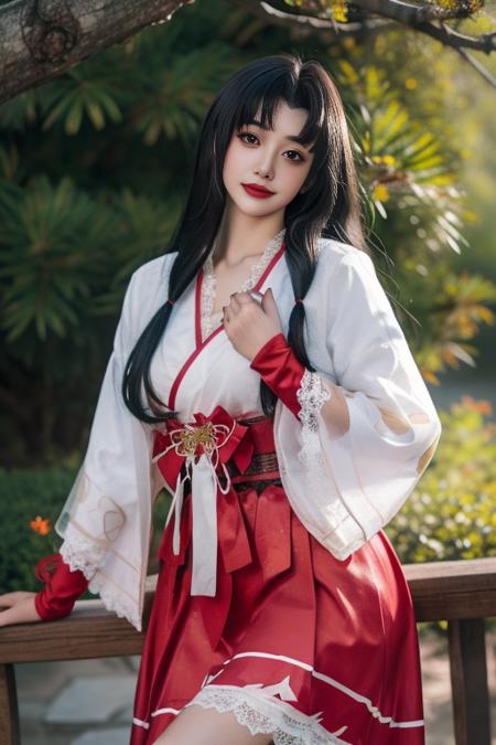 ultra-detailed,highly detailed,best quality,masterpiece,illustration,realistic,
hutao, 1girl, long hair, white hair, solo, purple eyes, looking at viewer, blurry, blurry background, long sleeves, outdoors, parted bangs, very long hair, realistic, day, bangs, upper body, tree, closed mouth, lips, hand on own chest, dress, depth of field, smile, skirt, cosplay, sleeves past wrists, hand up, ribbon, lace, standing, jewelry, rope, lace trim, sitting, sash, fence, tdnm
 <lora:hutao_tdnm_v2_03:0.8>