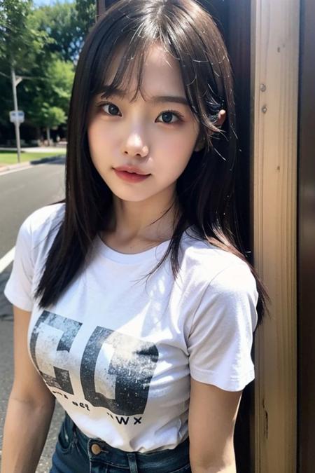 portrait of ichikajp, beautiful girl, medium breasts ((20 year old girl)), ((SFW)), looking at viewer, ((outdoor)), t-shirt, jean
 <lora:ichikajp-15:0.8>