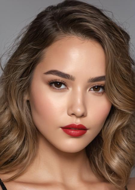 (Close-up photo:1.5) of woman's face, (from front:1.5),  camera is positioned at just the right angle to emphasize the captivating gaze and the intensity of her expression, focusing primarily on her eyes, mouth, and lips, 29 years old, woman, Mexican, almond-shaped eyes displaying a mix of mystery and intrigue, eyebrows are well-groomed, accentuating her expressive eyes,mesmerizing shade of brown, flecked with gold hues <lora:DetailedEyes_V3:0>, nose is slightly aquiline,full luscious lips are the focal point of her face, bold red lipstick, subtle prominent cheekbones,heart-like face shape,delicate jawline, smooth complexion, flawless and radiant skin, even skin tone, realistic skin details, luscious hair with glossy locks, strands are styled in loose, tousled curls, hair texture is voluminous yet lightweight, detailed face, detailed feet, detailed skin,expression hints at a sense of playfulness and a secret desire, sense of intimacy, (hyperrealism, soft light, sharp), Cannon EOS 5D Mark III,85mm lens,  f/1.4, clean backdrop, film grain, smooth, sharp focus, high resolution, award winning photo, masterpiece, intricate detail, octane render, cinematic shot, realistic lighting, sharp focus, rule of thirds, cinematic lighting, soft sunlight, detailed shadows, realistic shadows, <lora:LowRA:0.4>,  <lora:add_detail:0.5>