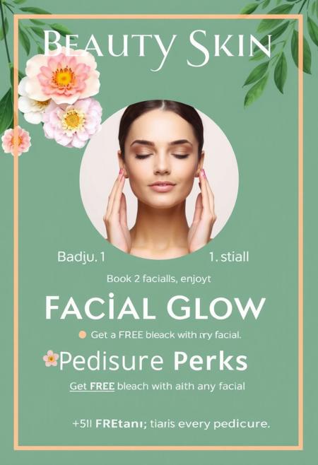 Design a Ad poster for a beauty salon with the following content,
Radiant Skin: Book 2 facials, enjoy 1 FREE facial!
Facial Glow: Get a FREE bleach with any facial.
Pedicure Perks: FREE detan with every pedicure.