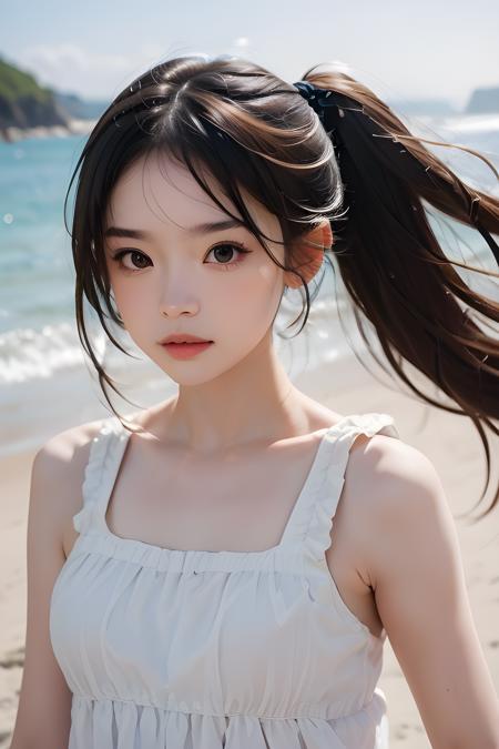 (bright sunshine, extremely detailed face:1.3), 1girl walking on beach, sea, wind, cloud, (wet, white_sundress, sleeveless), (best quality, masterpiece, 16k, raw photo, ultra high res:1.2), sharp focus, blurry background, close up