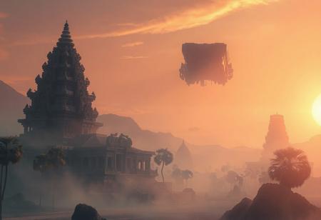 dawn of a new world, ancient cambodian temple in the mist of a futuristic alien landscape. A large industrial looking freight carrying space transporter can be seen in the distance slowly exiting earths atmosphere