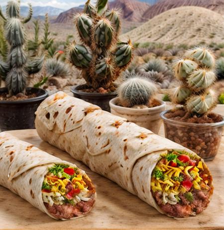 <lora:BuritoYUM:1>,  Burrito , very high quality , vegetables, meat , cheese  ,view from side , (desert background) , very high quality desert , (cactus:0.5) , very hight quality cactus , realistic cactus , burito on the cactus