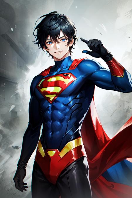 AxiaKrone, blue eyes, black hair, 1boy, solo, smile, standing, dynamic pose, <lora:AxiaKrone-03:0.4>, 8k, masterpiece, best quality, absurdres, perfect anatomy, cinematic lighting, cowboy shot, (superman costume:1.1),