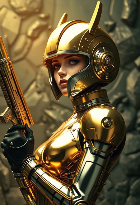 Avant-garde , 1970s futurism, female,chrome and gold, ultra high tech helmet and weaponry,detailed background, dynamic angle, volumetric lighting, godrays