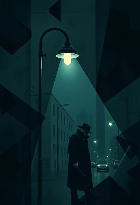 A noir-inspired moment, featuring a detective under a streetlamp, captured with cinematic depth and graphic urban framing., surrealism, abstraction, geometric forms, organic shapes, subconscious exploration, emotional landscapes, muted sophisticated colors, dreamlike elements, poetic structure, quiet introspection, fluid abstract forms, movement and transformation, subtle complexity, sense of mystery, contemplation