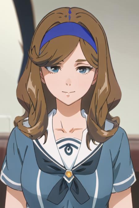 best quality, masterpiece, highres, solo, {himekawa_mizuho_birdiewinggolfgirlsstory:1.15}, brown_hair, long_hair, hairband, blurry, closed_mouth, blue_eyes, 1girl, blurry_background, sailor_collar, school_uniform, blue_shirt, serafuku, shirt, upper_body, indoors